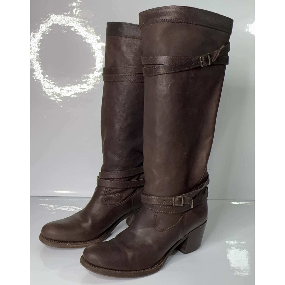 FRYE Jane 76396 Strappy Brown Leather Riding Boots Women's Size US 8 B